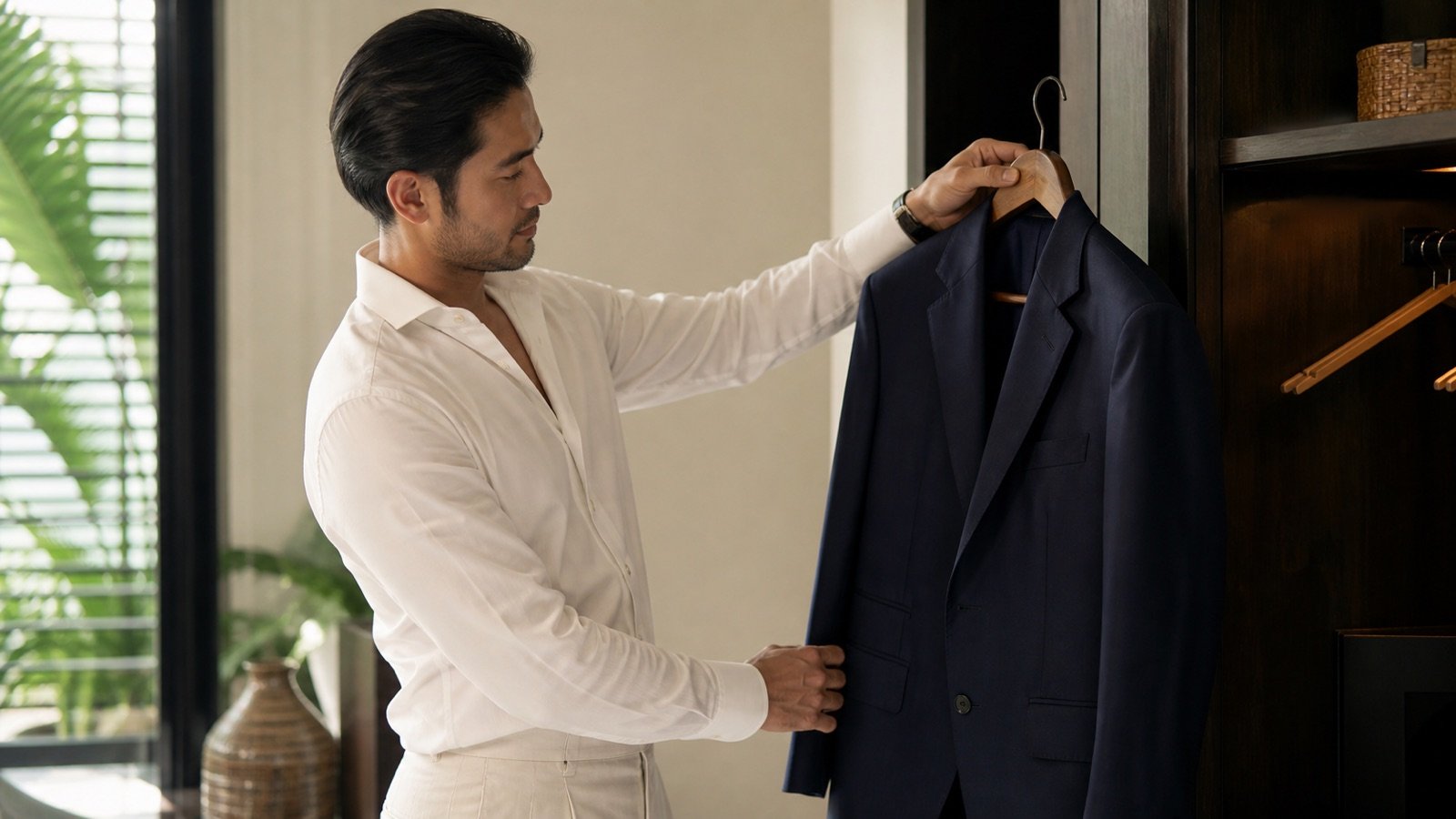 Fictional client placing a navy wool suit jacket on a shaped wooden hanger after wear