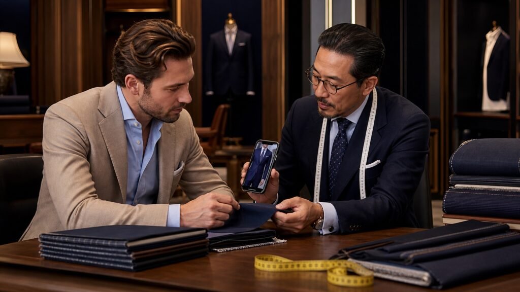 A fictional client and tailor reviewing navy cloth during a tailoring consultation