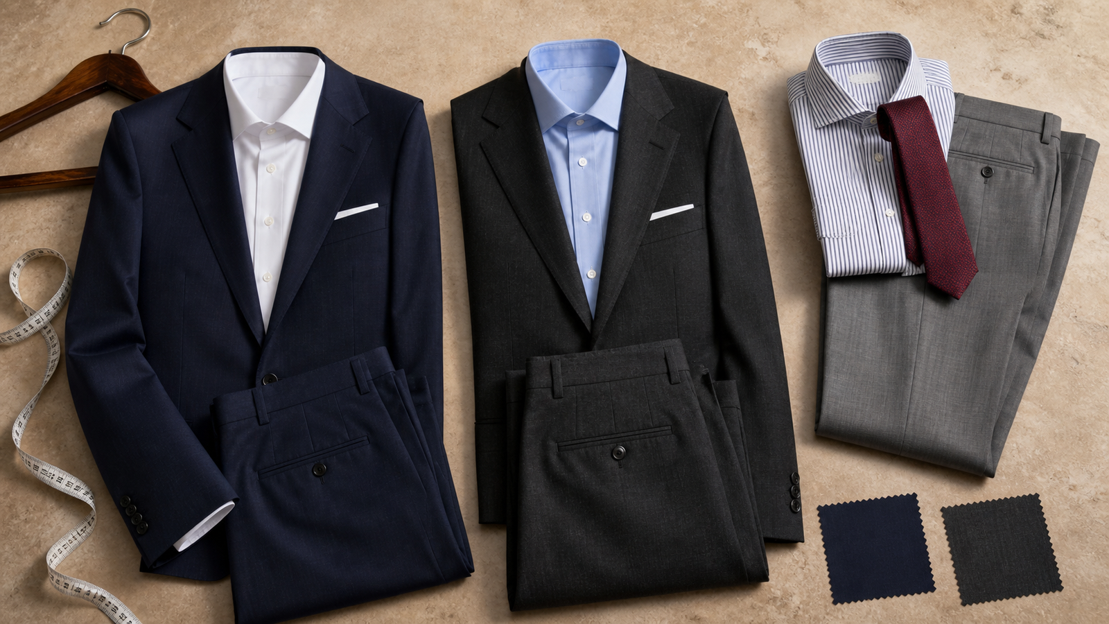 Navy, charcoal and grey business wardrobe combinations arranged for rotation and coordination