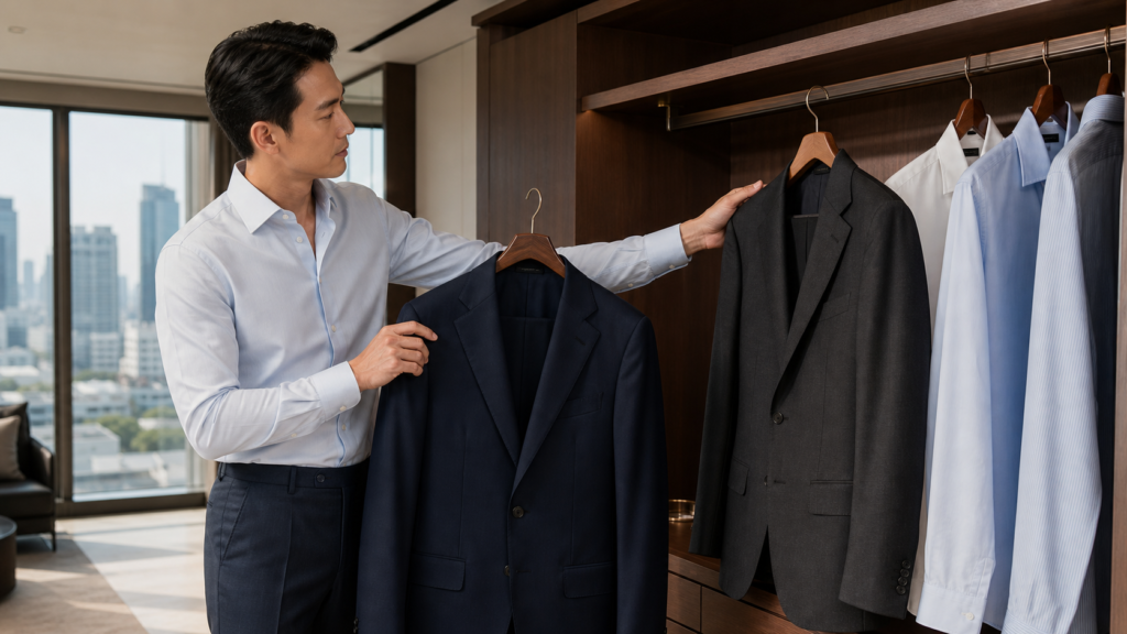 Fictional Bangkok professional comparing navy and charcoal business suits in a wardrobe
