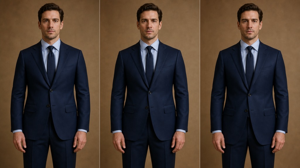 Controlled comparison of high, balanced and low suit jacket button stances on the same fictional model