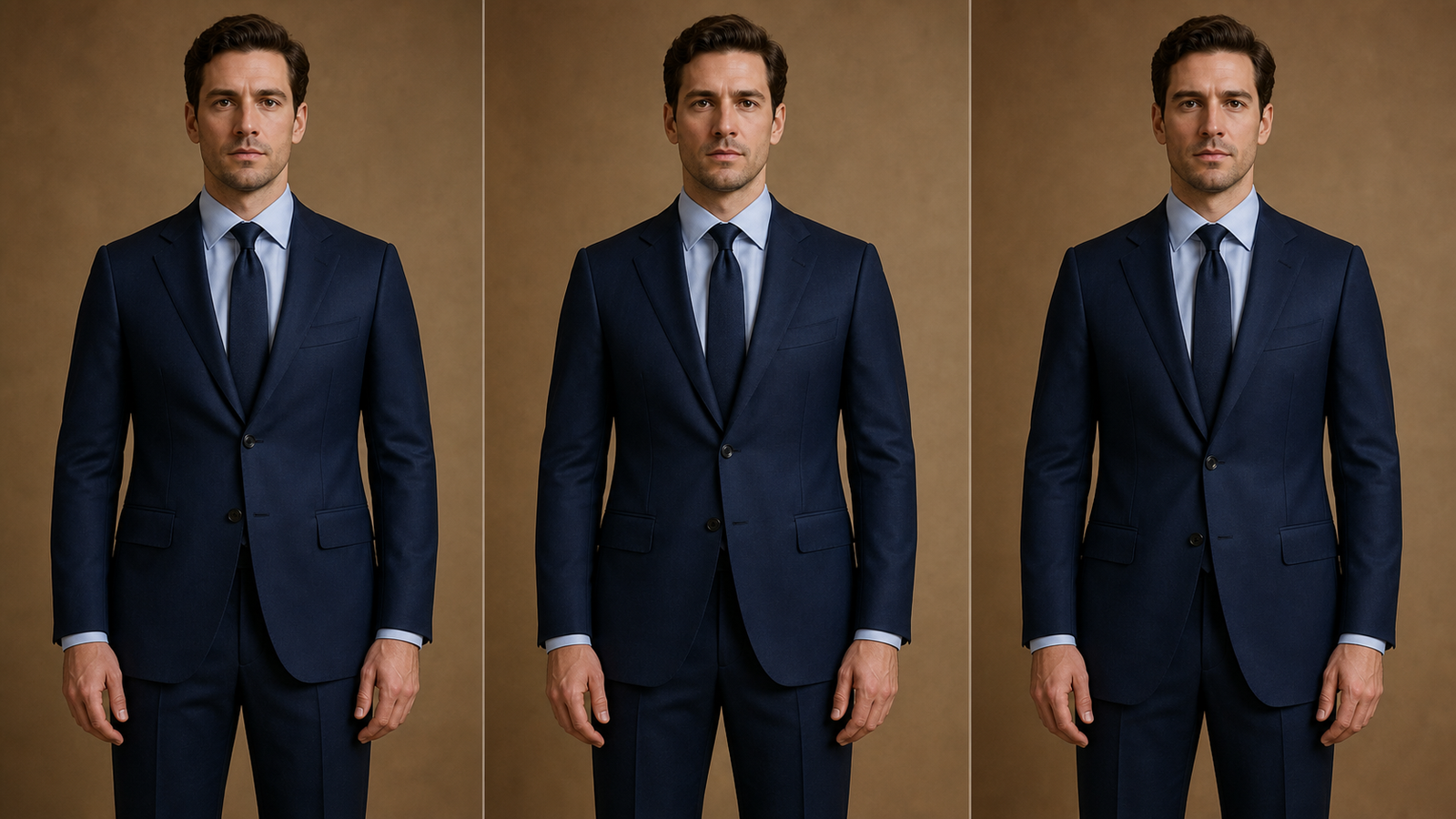 Controlled comparison of high, balanced and low suit jacket button stances on the same fictional model