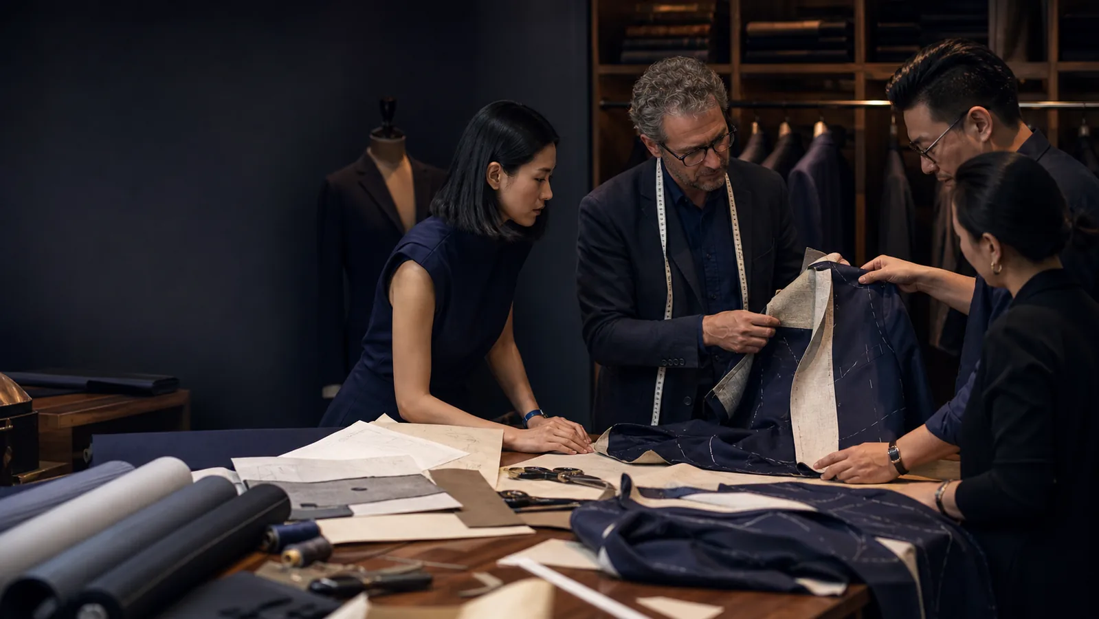 Editorial concept of an international tailoring team reviewing jacket construction
