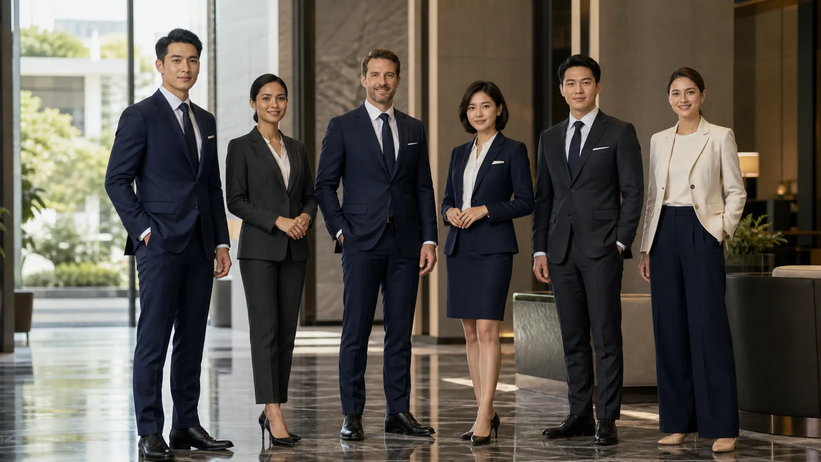 Editorial concept of a multicultural professional team in coordinated tailored businesswear