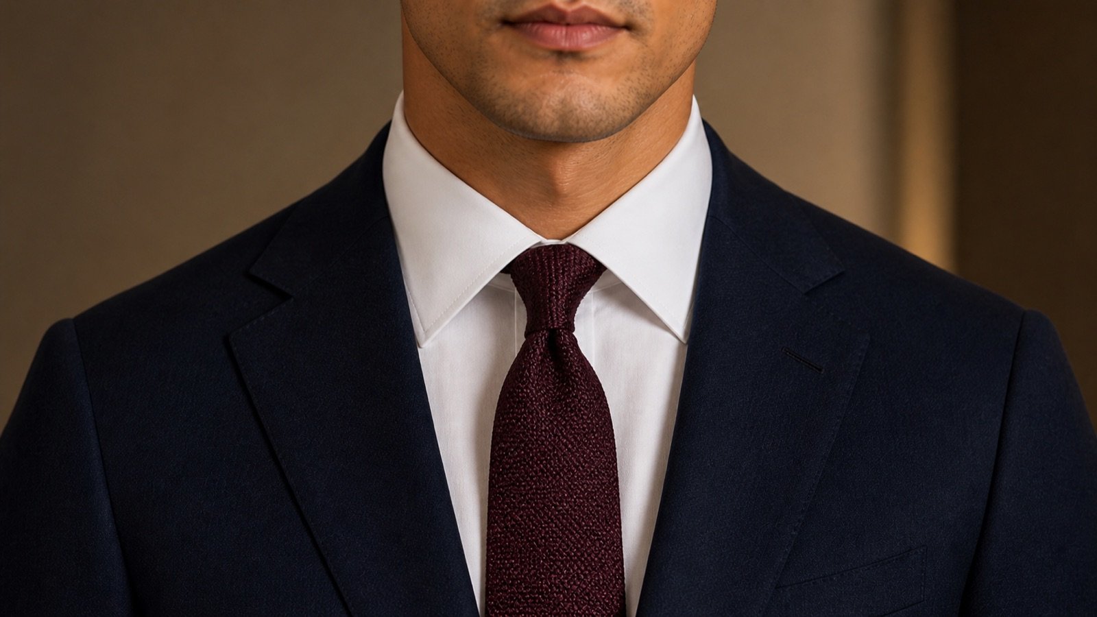 Moderate spread collar shown with a burgundy tie knot and navy jacket lapels.