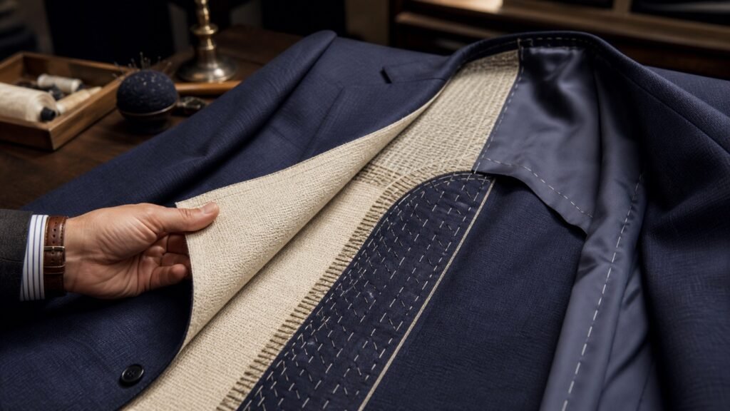 Navy suit jacket opened to show internal canvas and lining construction.