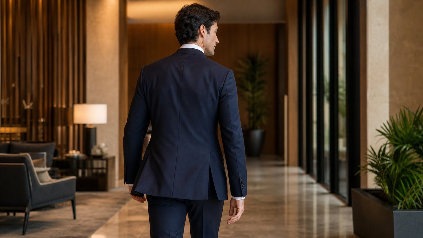 Fictional model walking in a navy double-vent suit jacket viewed from behind