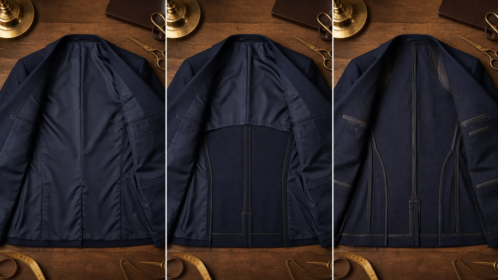 Comparison of fully lined, half-lined and unlined navy jacket interiors