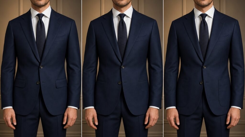 Comparison of flap, jetted and patch pockets on navy suit jackets worn by a fictional model
