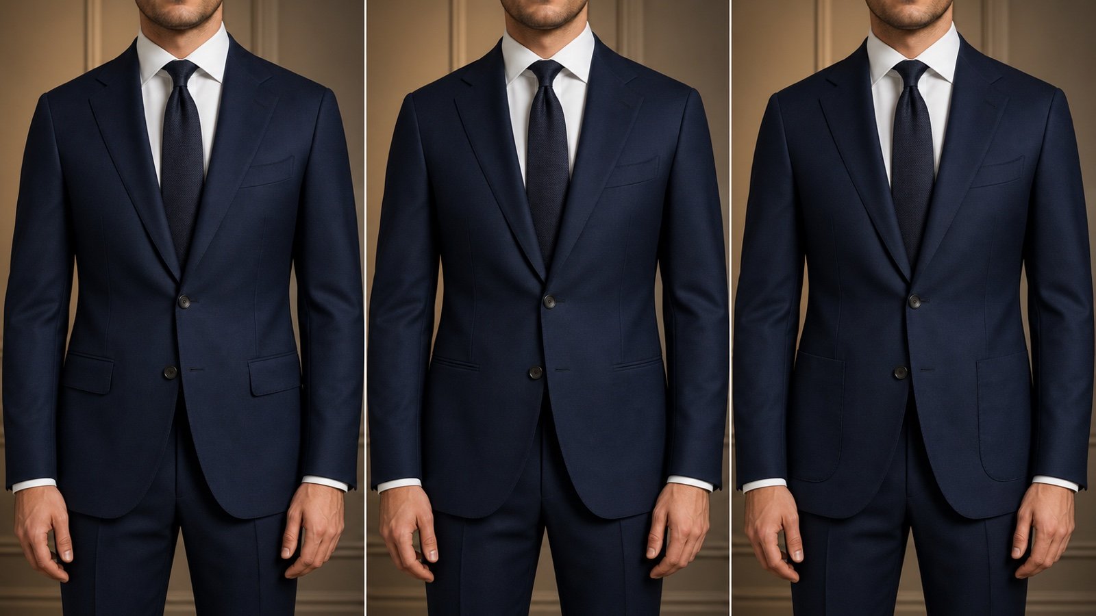 Comparison of flap, jetted and patch pockets on navy suit jackets worn by a fictional model