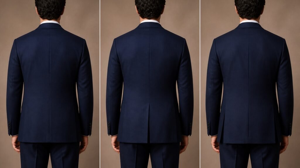 Comparison of a navy suit jacket with no vent, a centre vent and double side vents on a fictional model