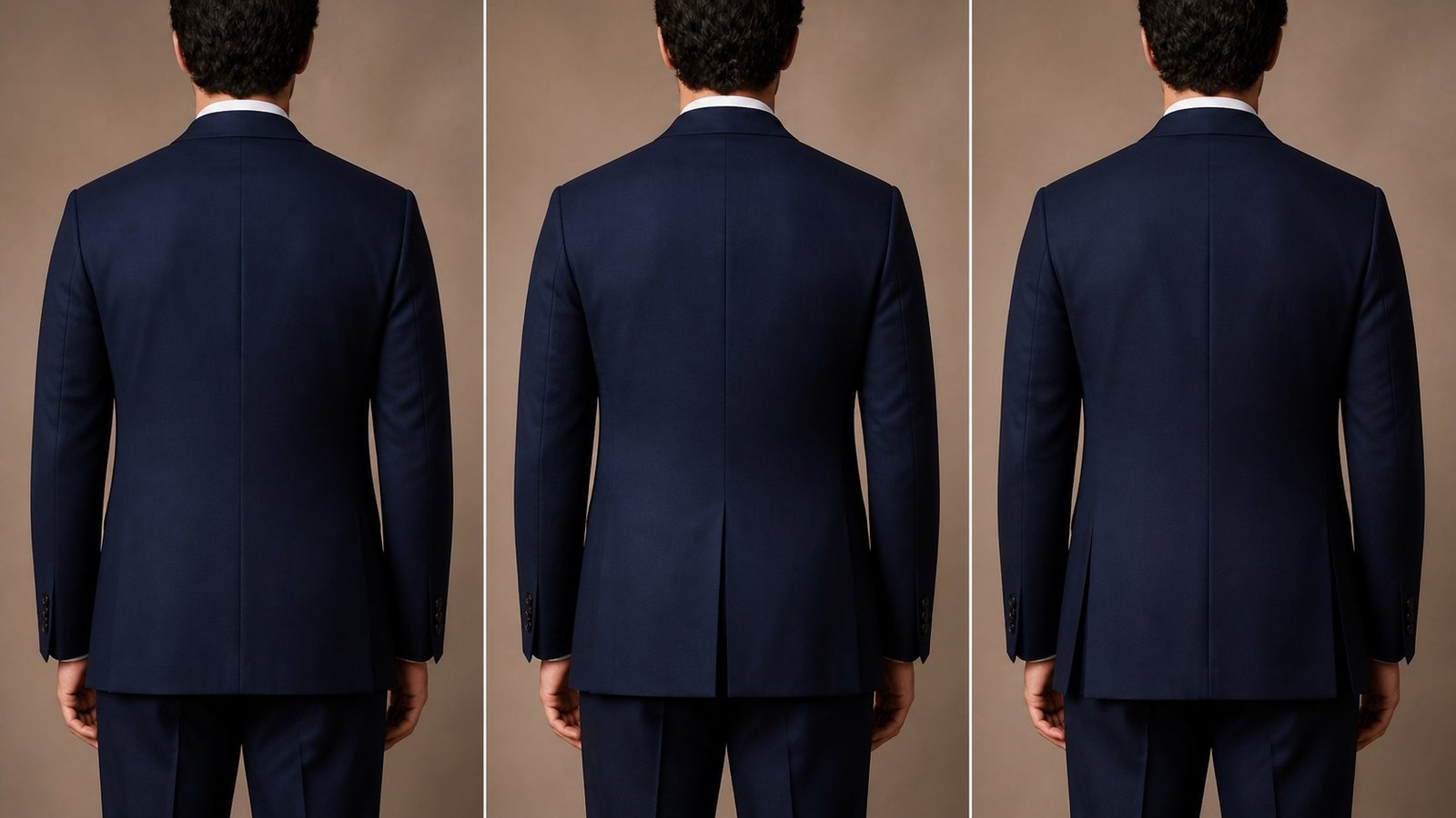 Comparison of a navy suit jacket with no vent, a centre vent and double side vents on a fictional model