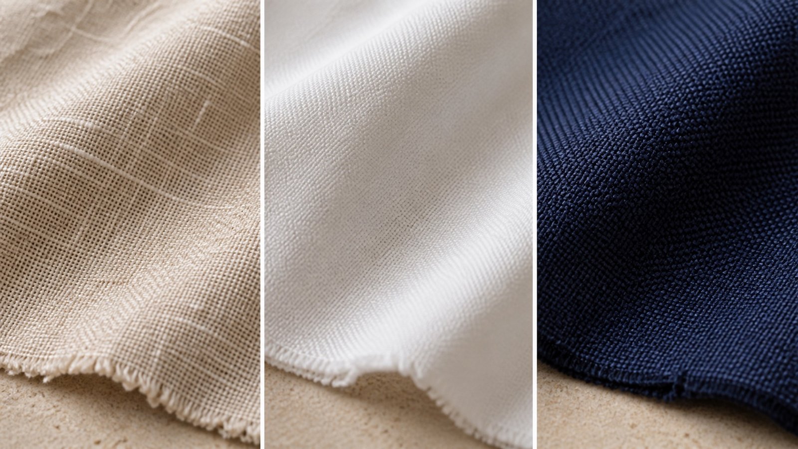 Macro comparison of oatmeal linen, white cotton and navy tropical-wool textile textures.