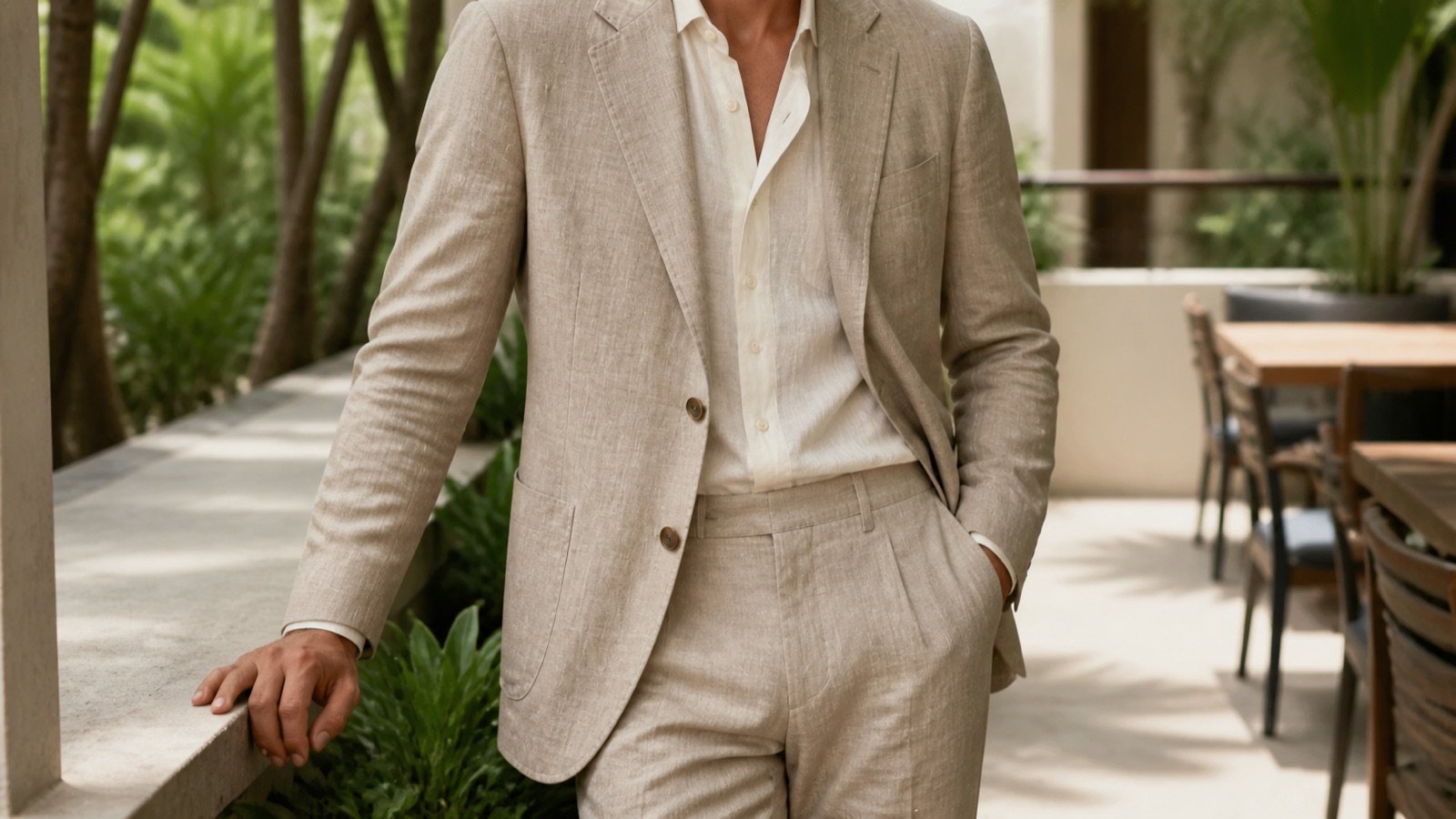 Fictional model wearing a sand linen suit showing natural drape and creasing in warm weather.