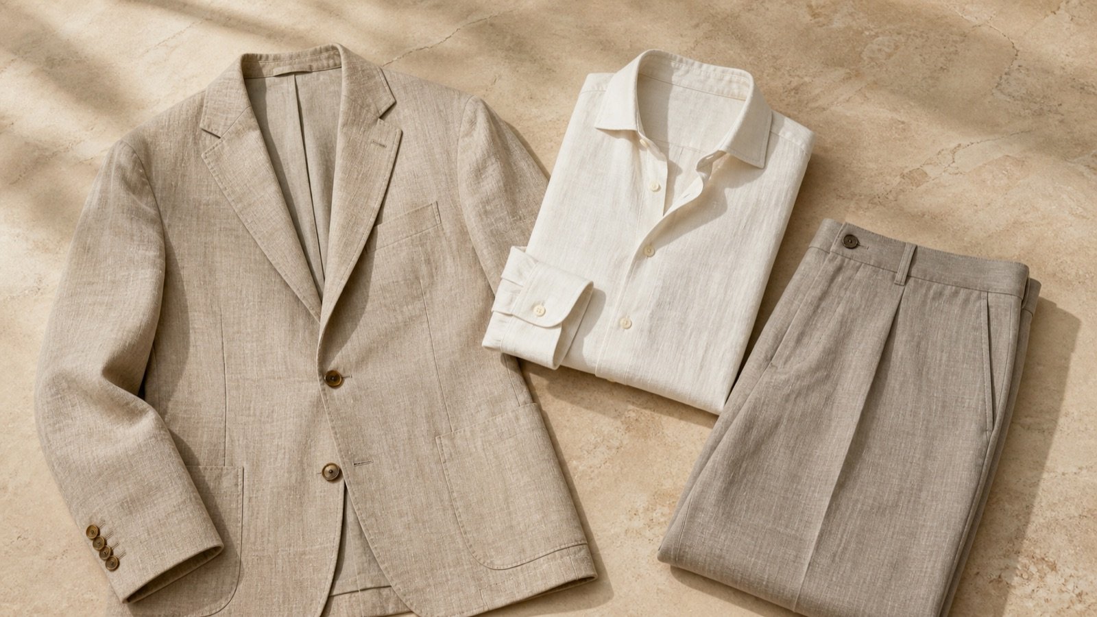 Sand linen jacket, off-white linen shirt and stone linen trousers arranged together.