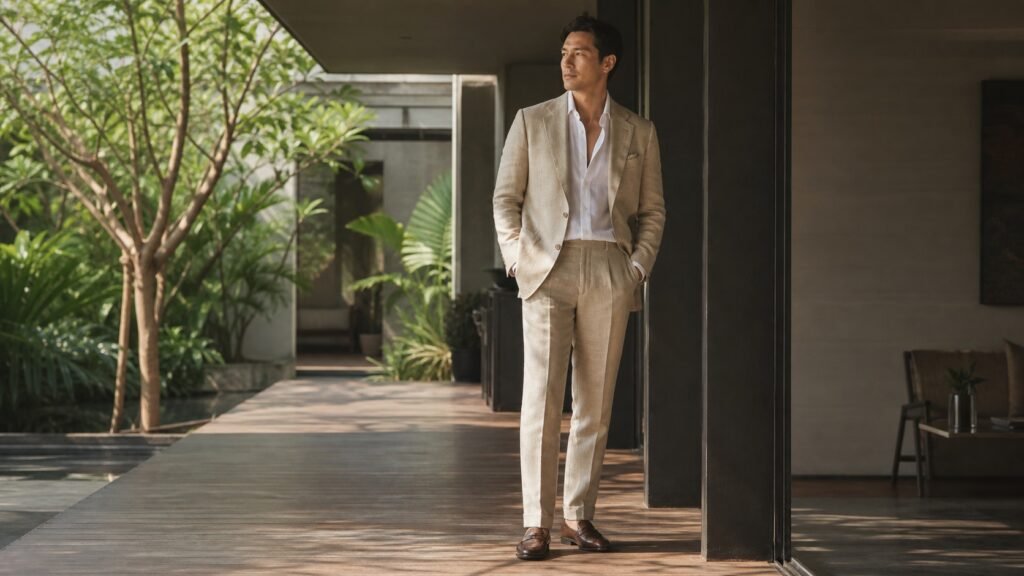 Fictional model wearing a sand linen suit in a shaded Bangkok-style warm-weather setting.