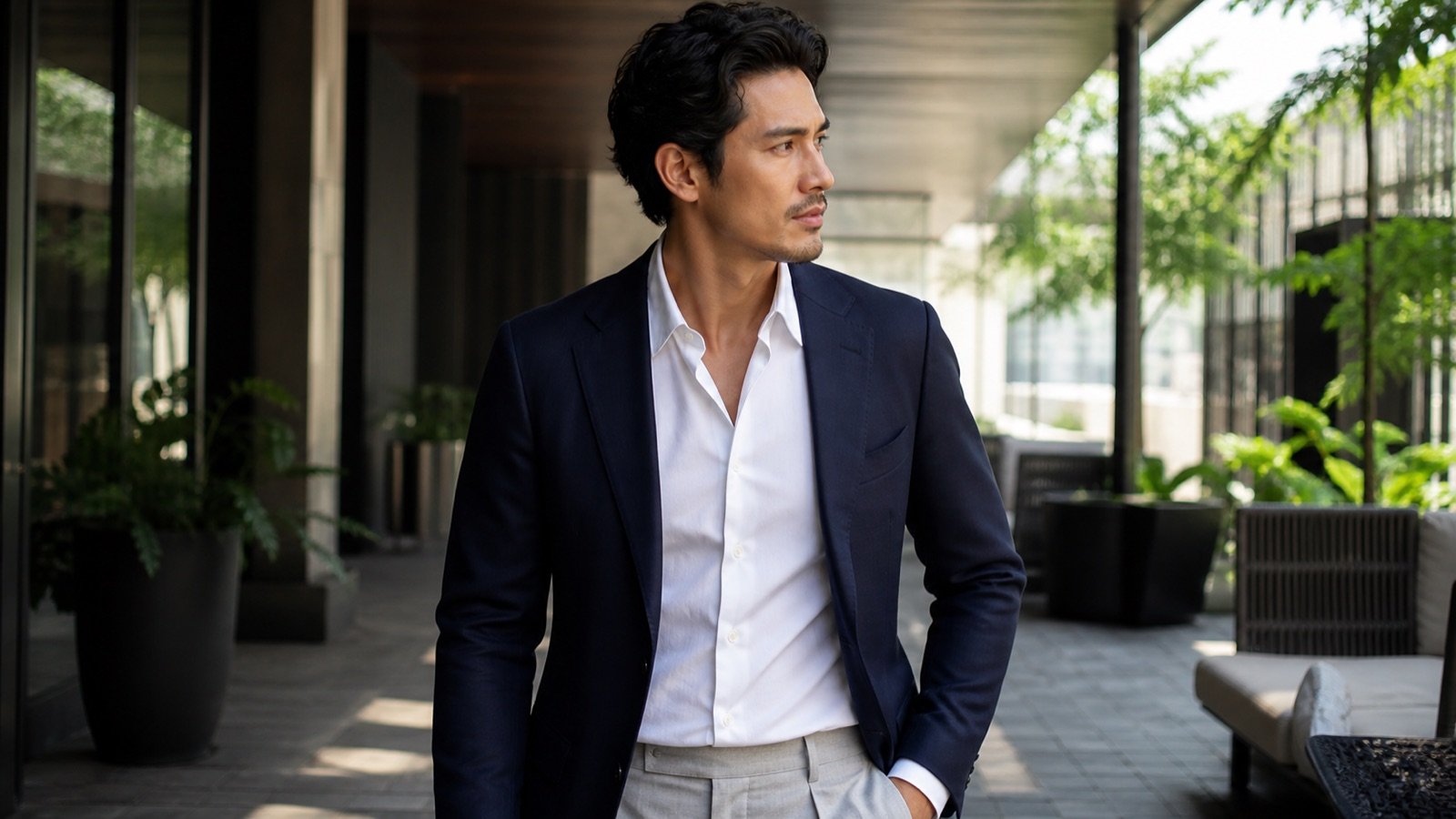 Fictional model wearing an open white shirt and navy blazer in a shaded warm-weather setting.