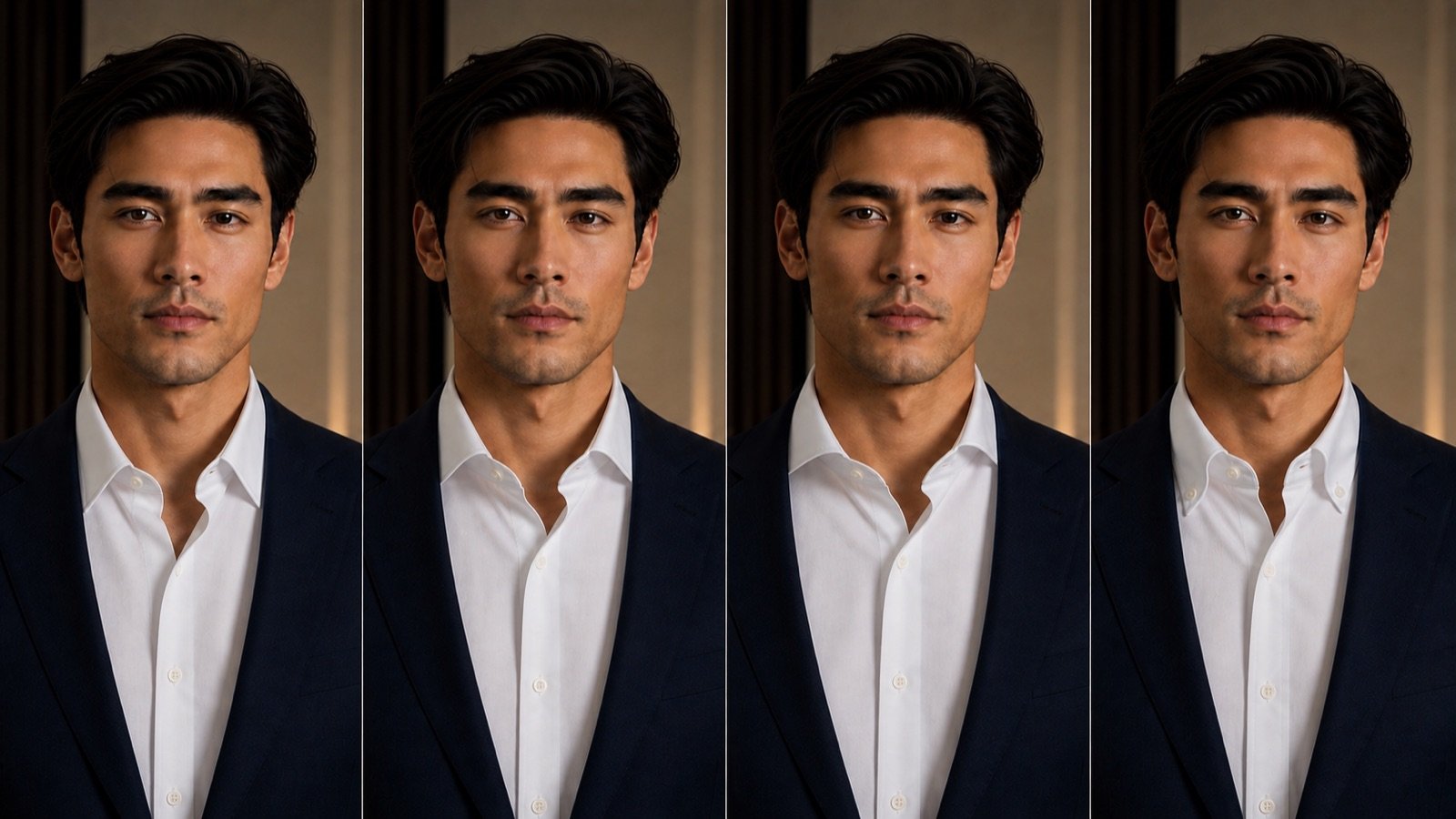Four-panel comparison of point, spread, cutaway and button-down shirt collars on a fictional model.