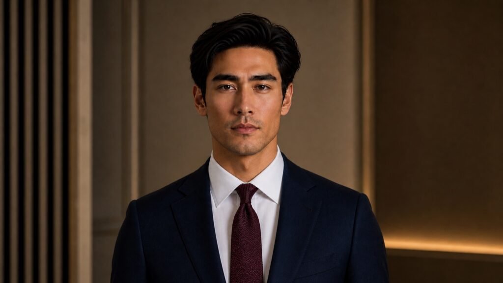 Fictional model wearing a white spread-collar shirt, burgundy tie and navy jacket.