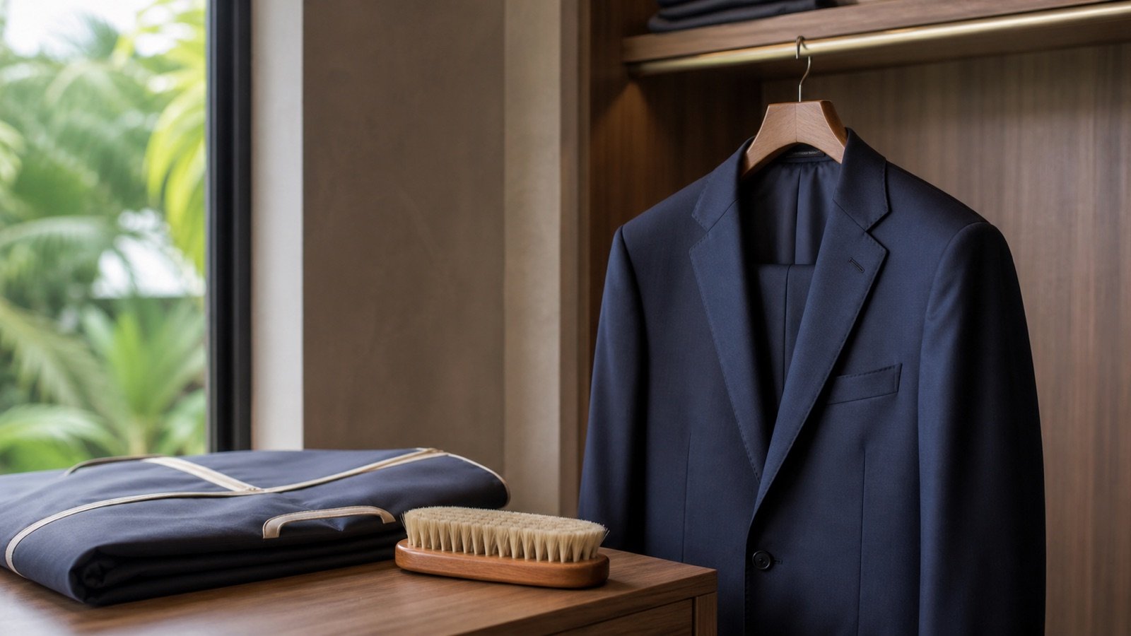 Navy wool suit jacket with a garment brush, shaped hanger and breathable storage bag
