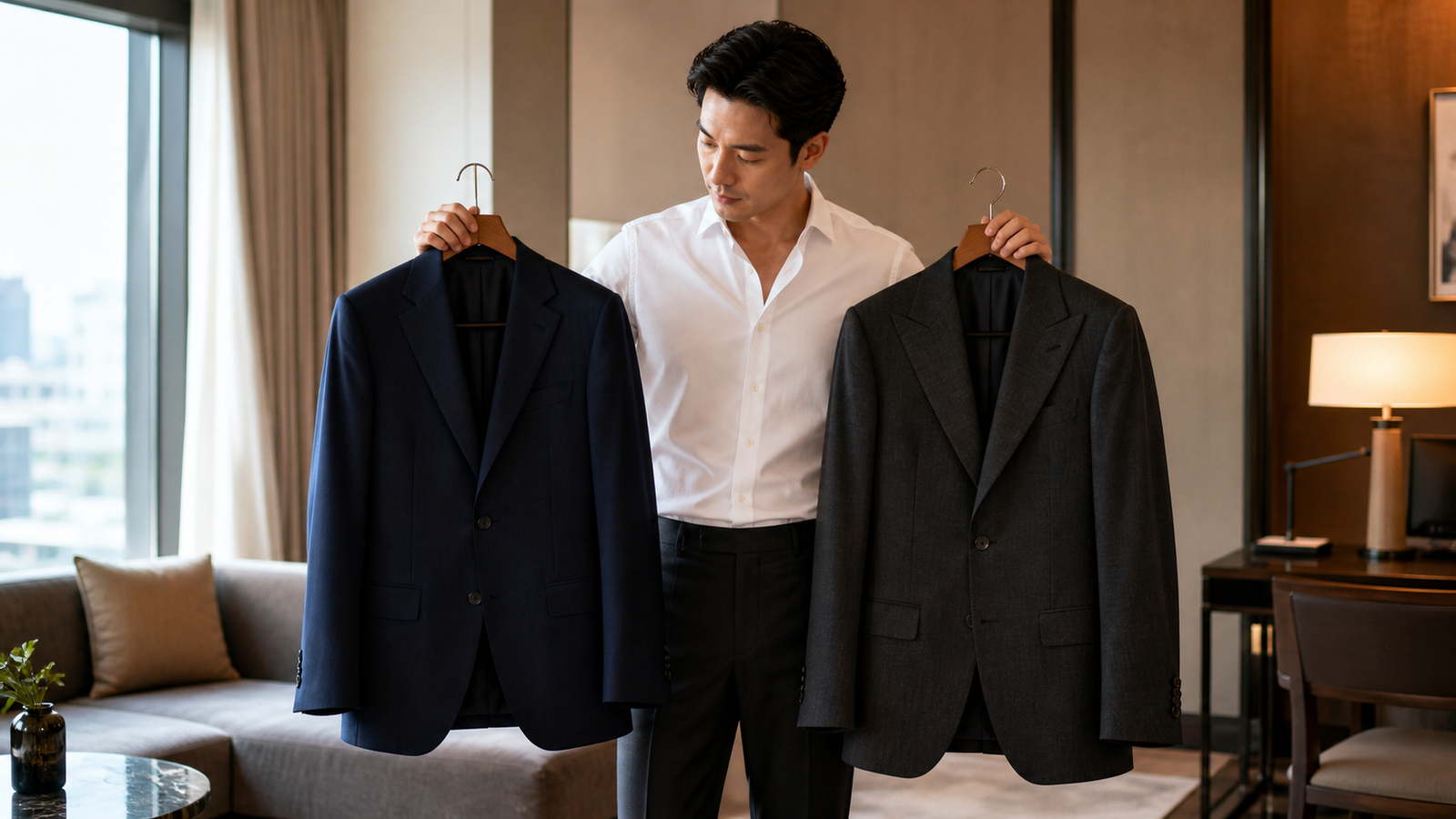 A fictional client compares navy notch-lapel and charcoal peak-lapel suit jackets in a Bangkok hotel setting