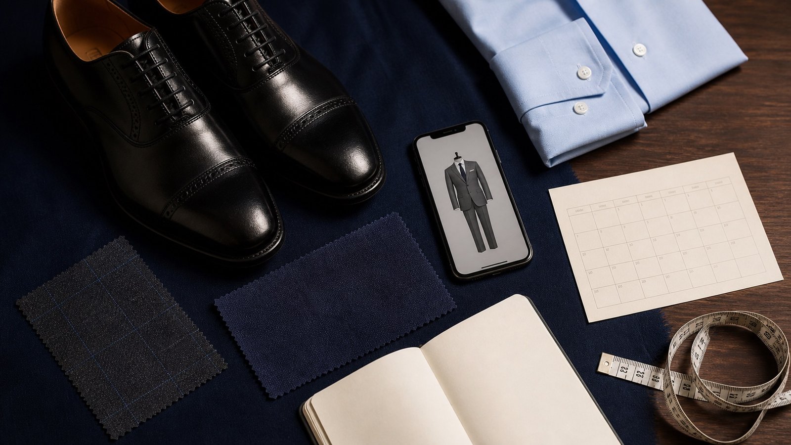 Dress shoes, shirt, fabric swatches, reference image and travel dates prepared for a tailor consultation