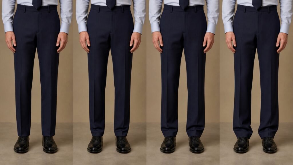 Four-panel comparison showing no break, slight break, half break and full break on consistent navy trousers and black Oxford shoes.