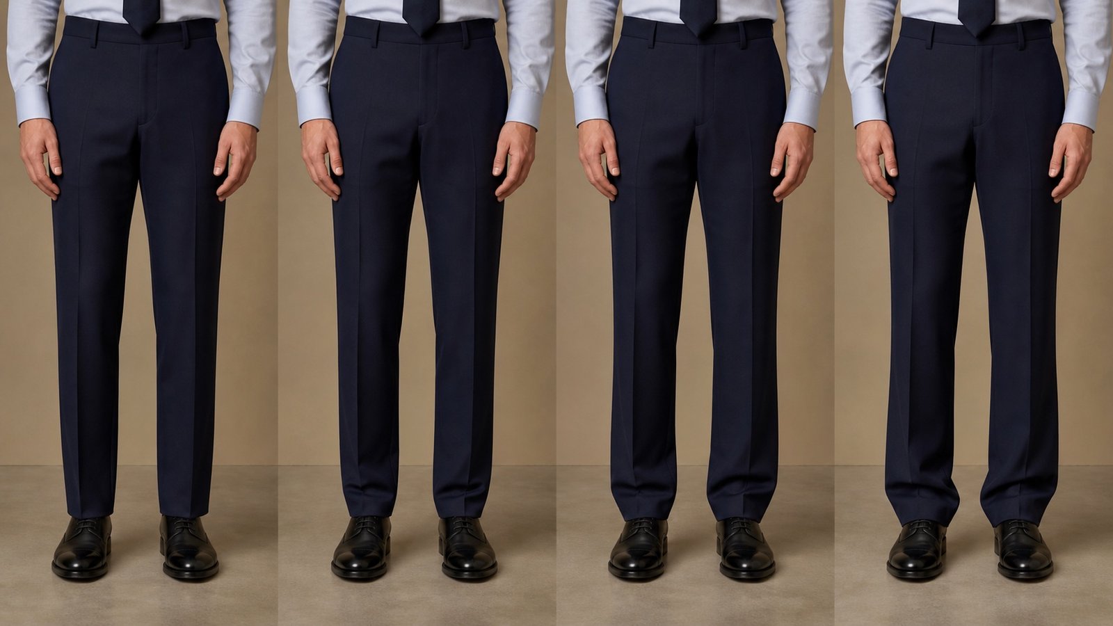 Four-panel comparison showing no break, slight break, half break and full break on consistent navy trousers and black Oxford shoes.