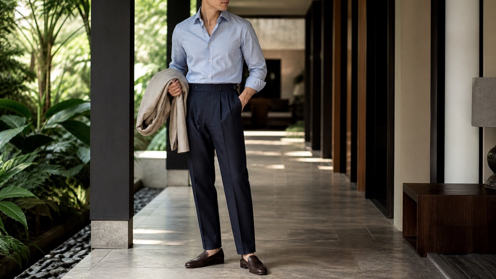 Fictional model wearing higher-rise pleated navy trousers with side adjusters