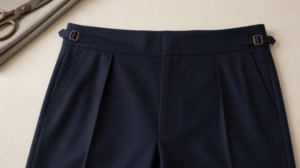 Navy pleated tailored trousers with side adjusters and no belt loops