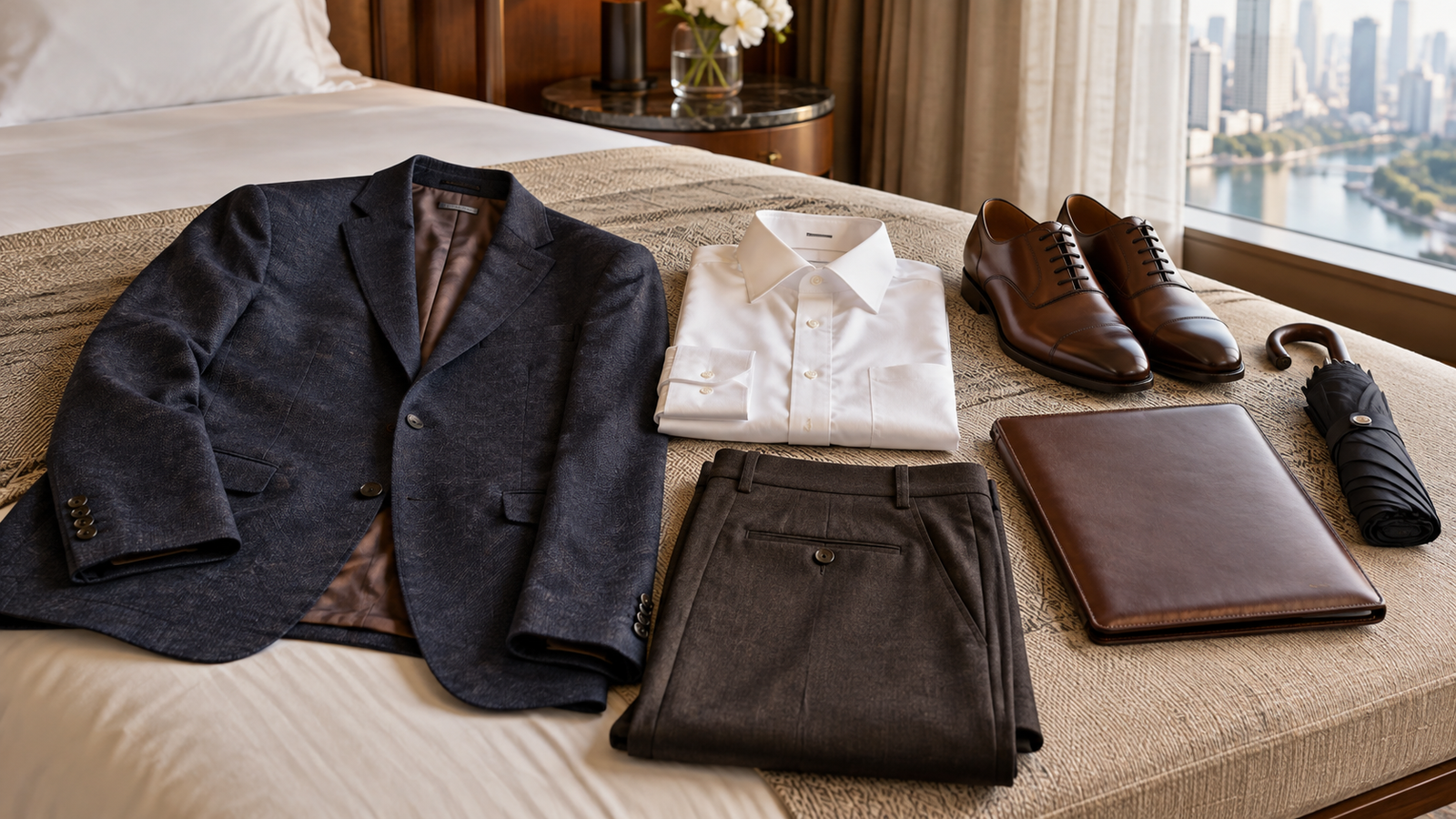 Blazer, shirt, trousers, shoes, umbrella and document folio arranged for a Bangkok business trip