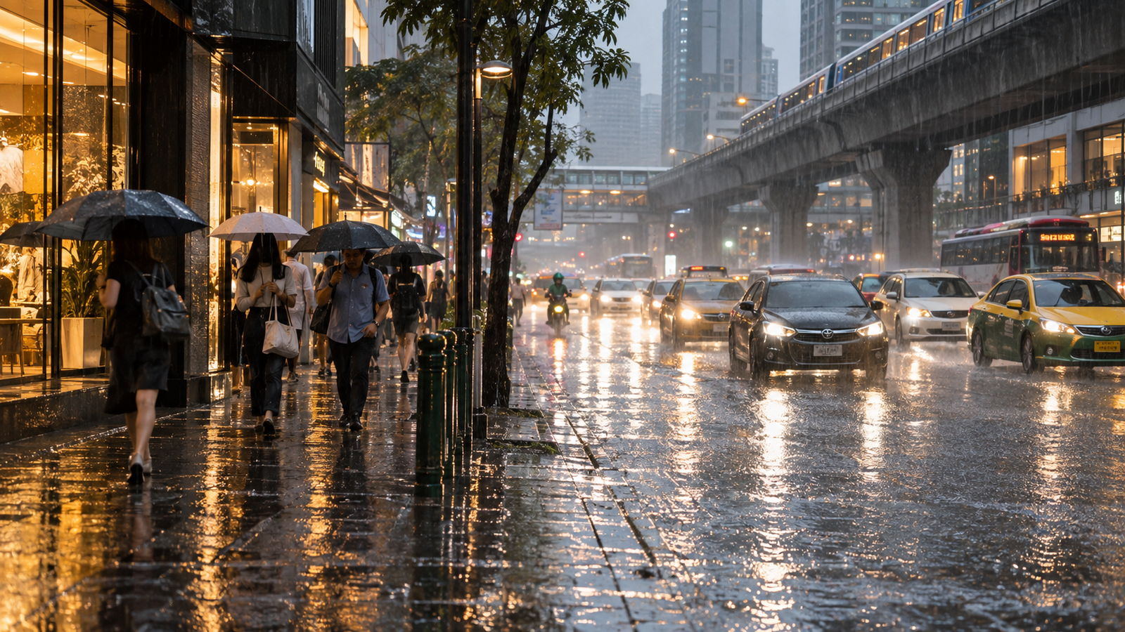 Pedestrians with umbrellas and cautious traffic on a rain-soaked Bangkok street during monsoon weather