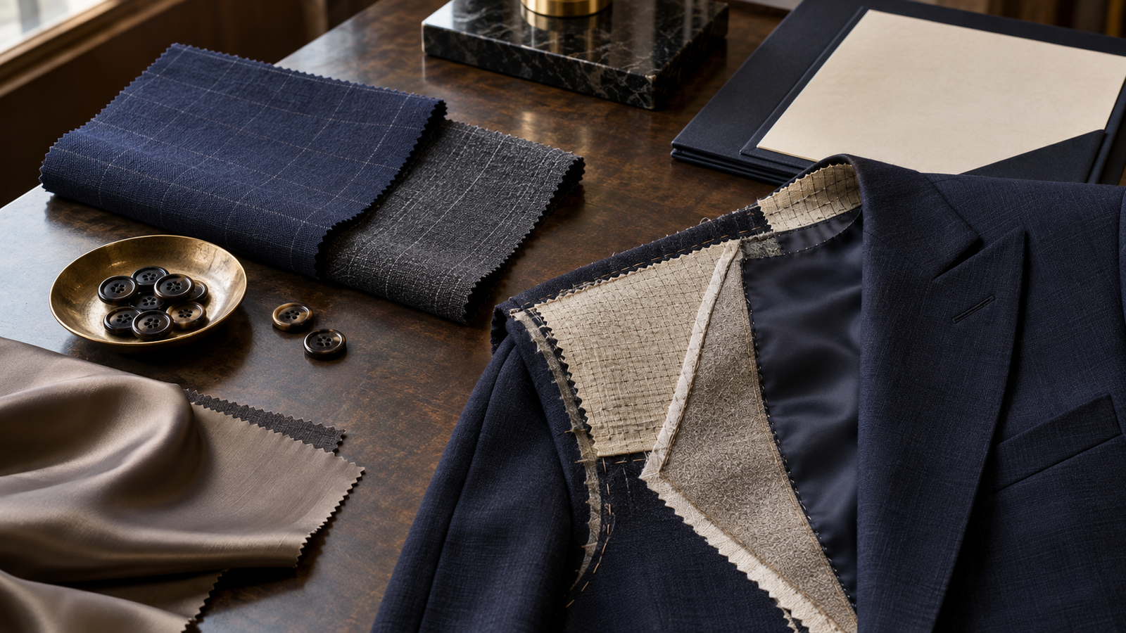 Cloth swatches, lining, buttons and jacket construction layers arranged for specification review