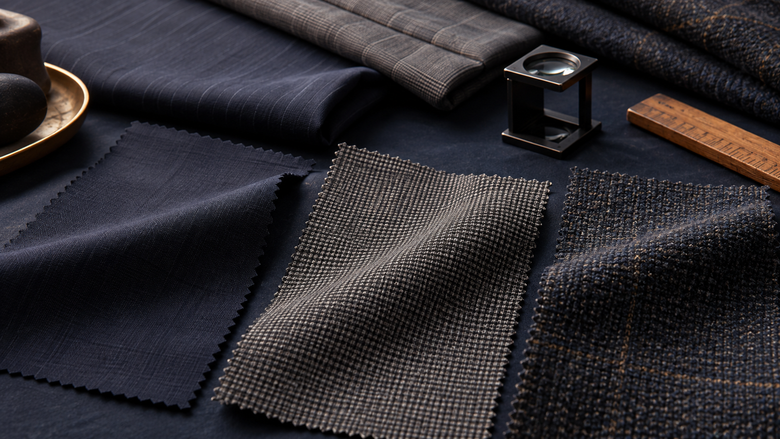 Close view of suiting swatches with different weaves beside a fabric loupe and ruler
