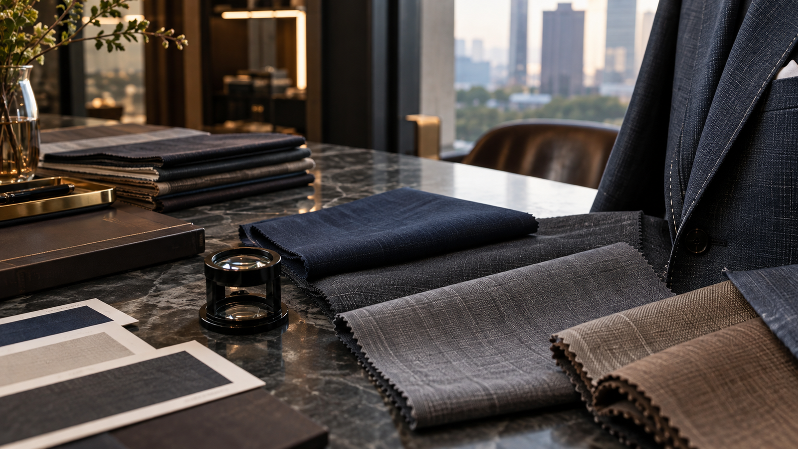 Suit cloth swatches, a fabric loupe and a tailored jacket arranged for comparing cloth specifications