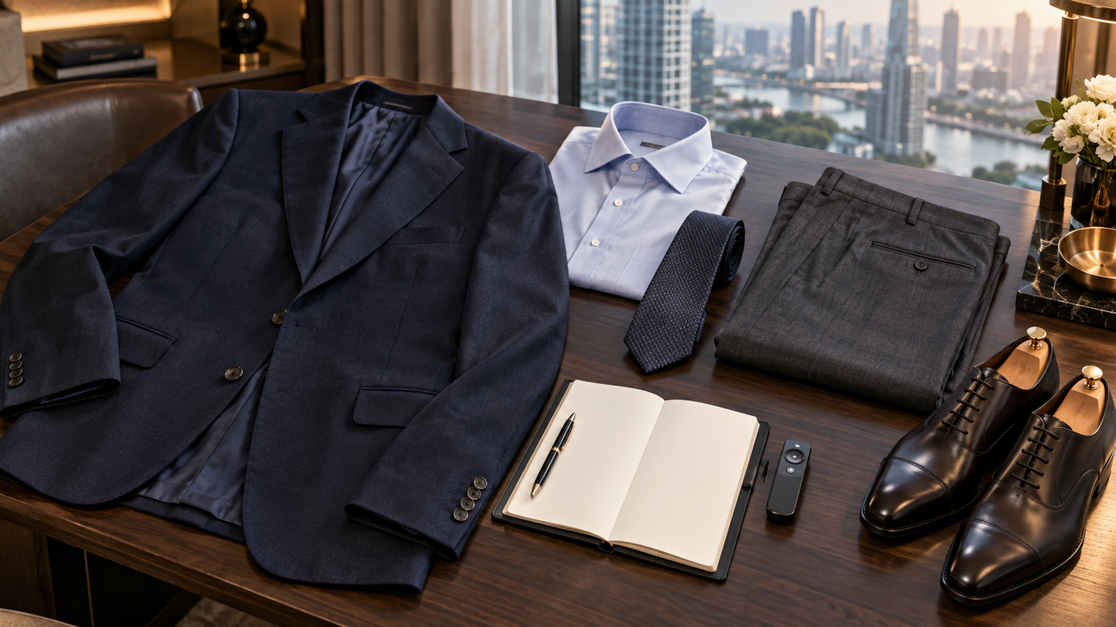 Tailored jacket, shirt, trousers and conference notes arranged for an event wardrobe plan