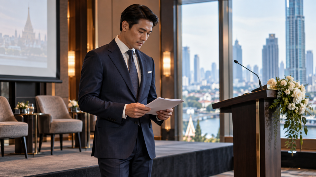 Professional in tailored business clothing preparing for a conference presentation in Bangkok