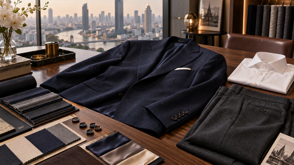 Navy suit, charcoal trousers, white shirt and cloth options arranged for a custom-tailoring specification