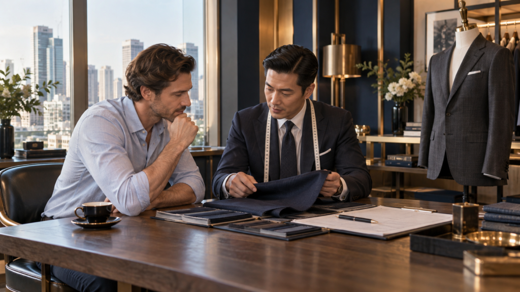 Tailor and Bangkok visitor reviewing navy suit cloth and appointment planning during a consultation