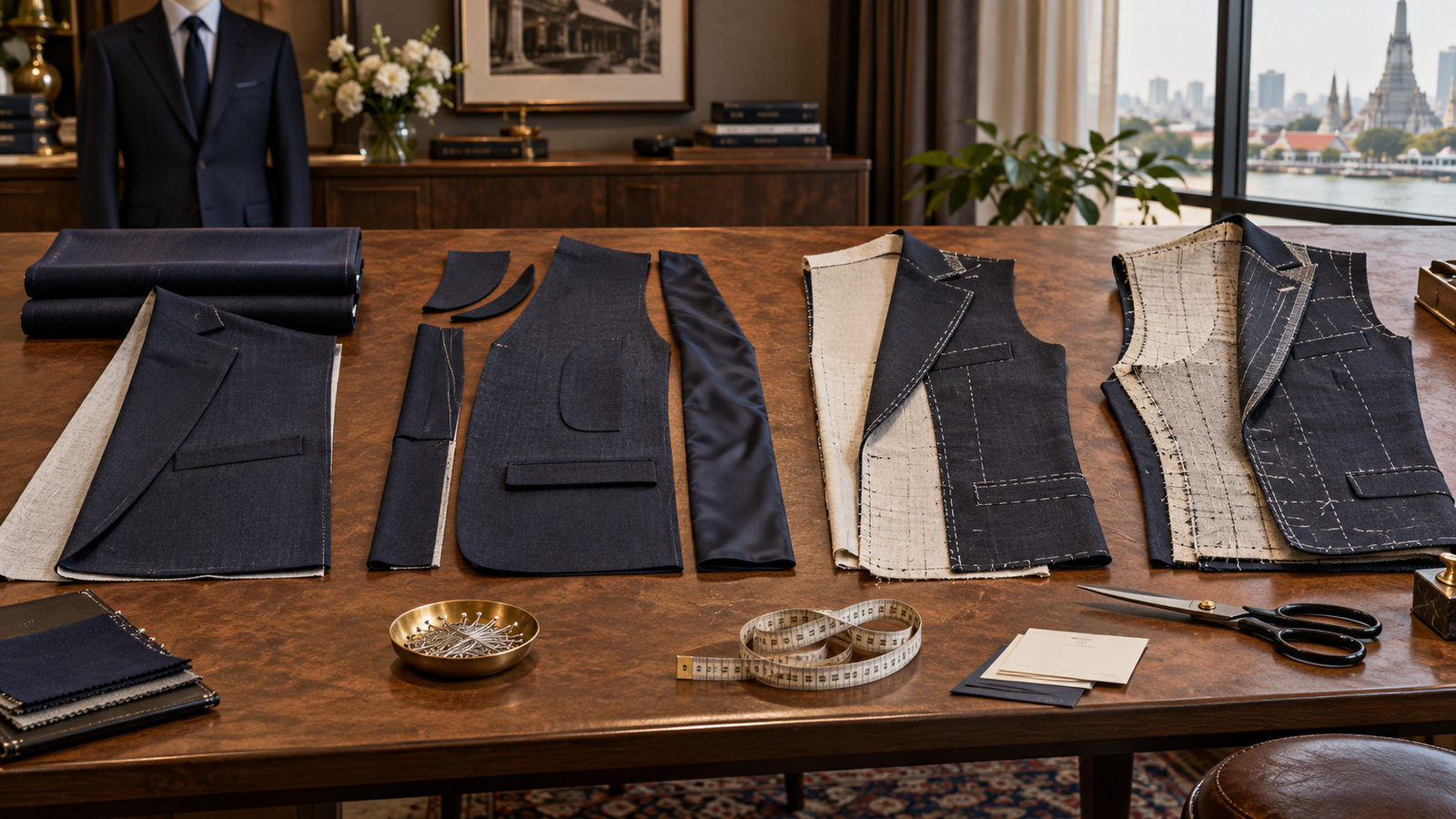 Suit cloth and jacket construction samples arranged to compare express, standard, half-canvas and full-canvas planning