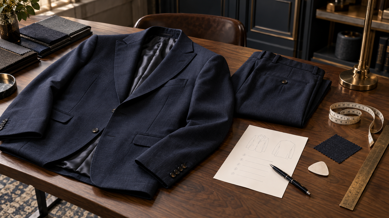 Tailored jacket, trousers and fitting notes arranged for a garment review