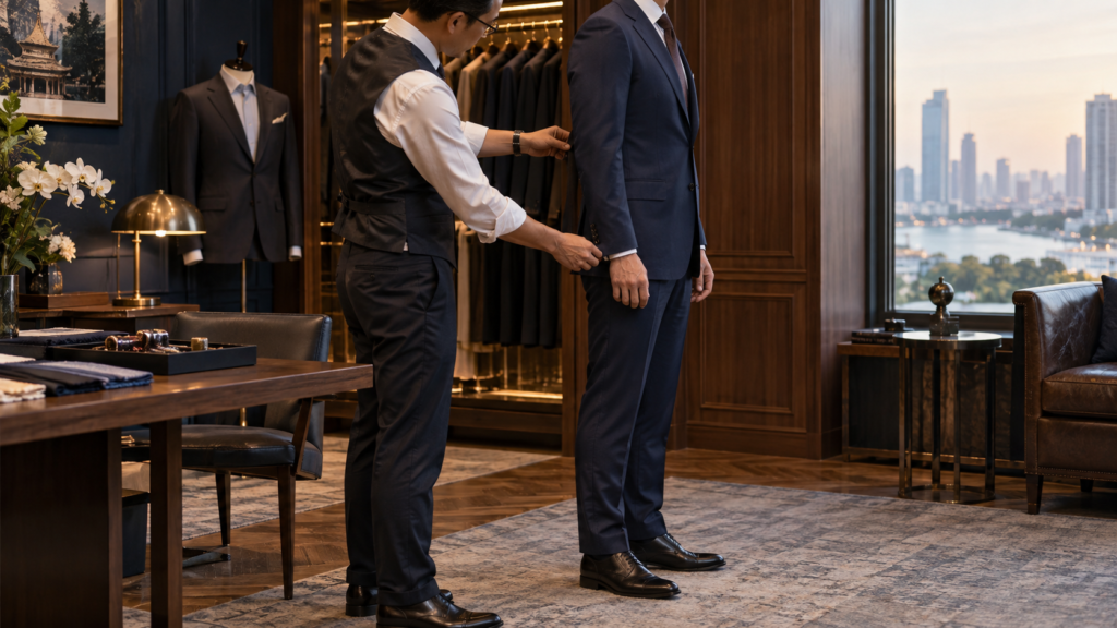 Tailor and client reviewing the balance of a navy suit during a fitting in Bangkok