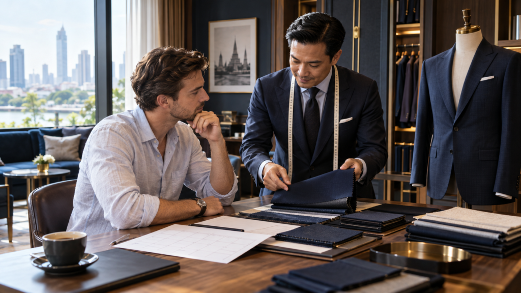 International visitor discussing cloth and appointment timing during a fictional Bangkok tailoring consultation