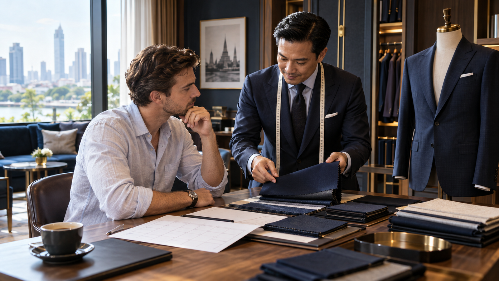 International visitor discussing cloth and appointment timing during a fictional Bangkok tailoring consultation