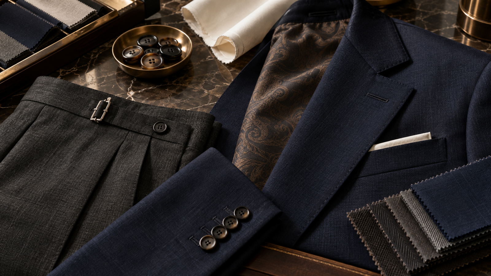 Jacket lapel, lining, sleeve buttons, trouser waistband and cloth swatches arranged as customization details