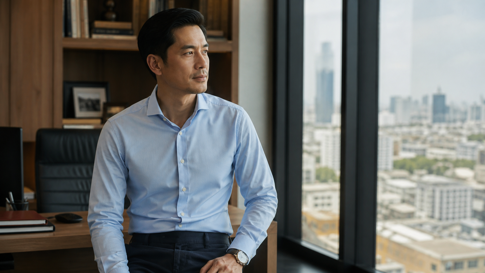 Fictional Bangkok professional wearing a pale-blue business shirt in an office