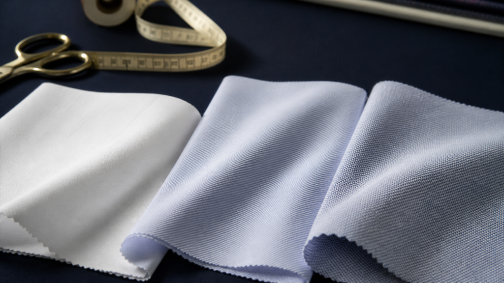 White and pale-blue poplin, twill and Oxford shirting swatches showing three distinct weave textures