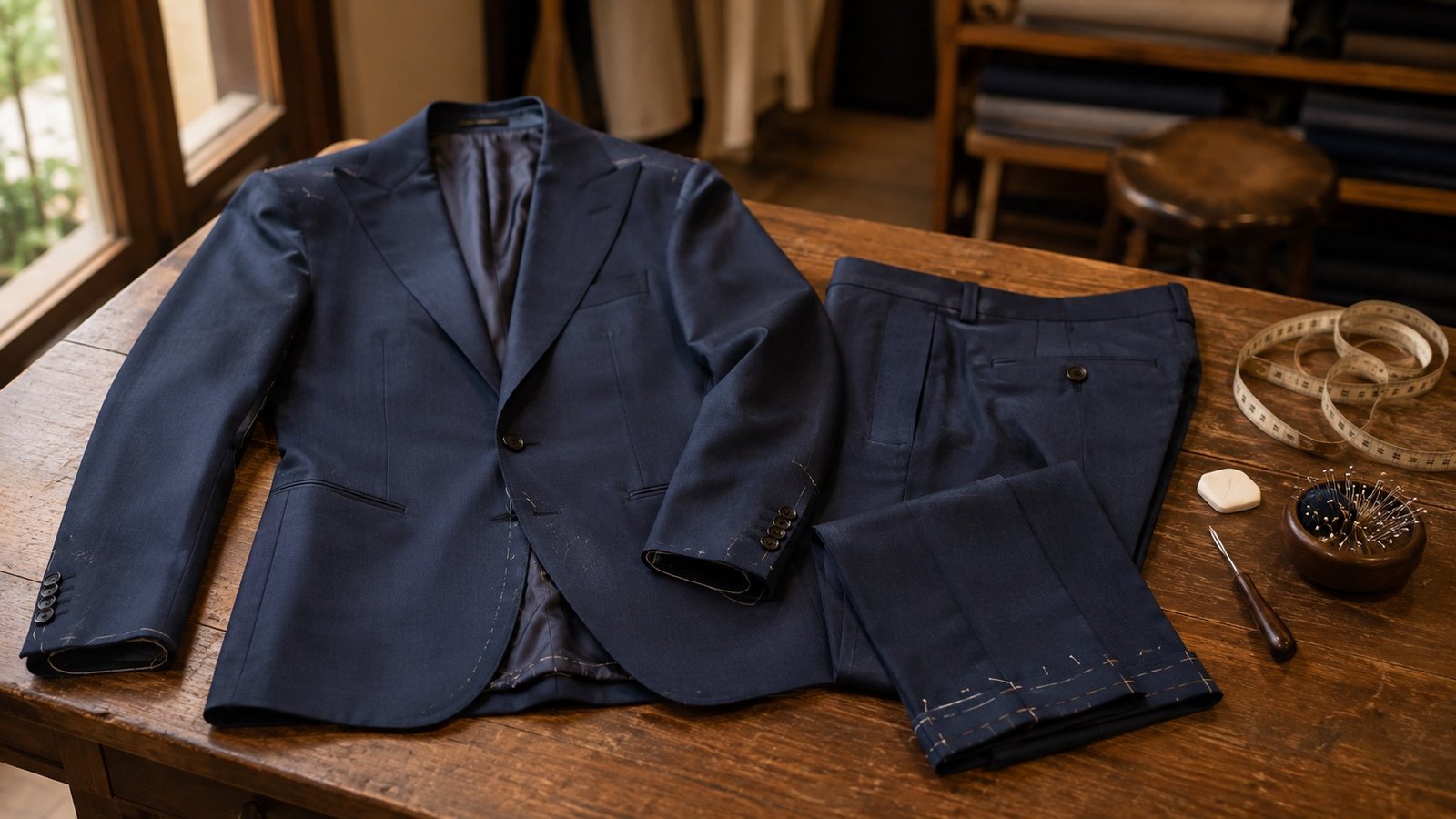 Navy suit and trousers prepared on a tailoring table for post-delivery alterations