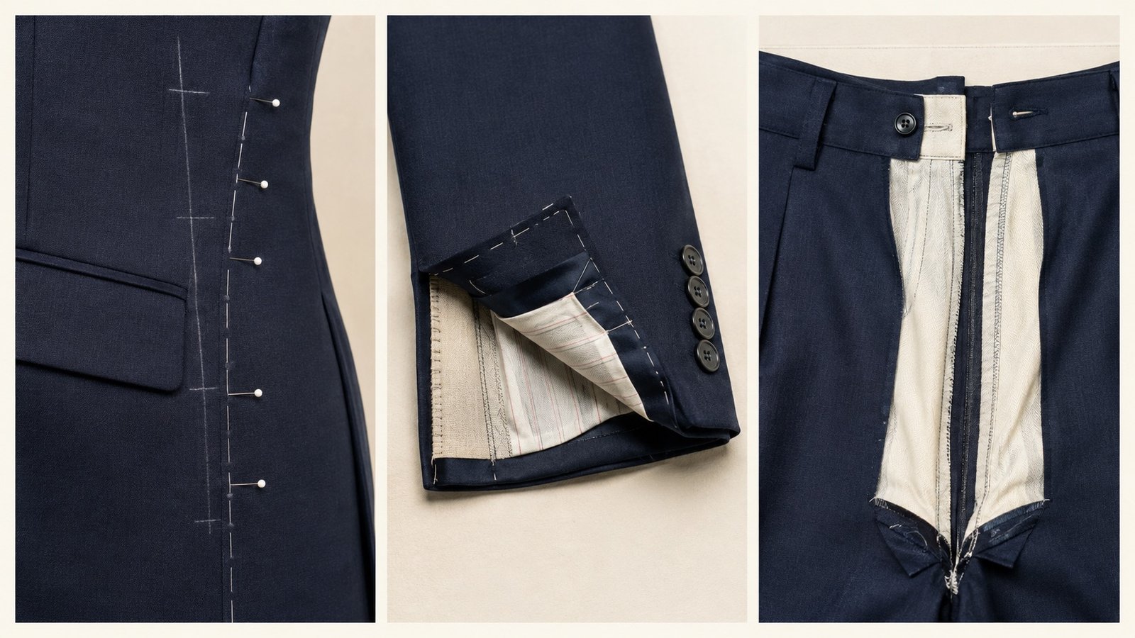 Three tailoring details showing jacket waist, sleeve cuff and trouser waistband alteration areas