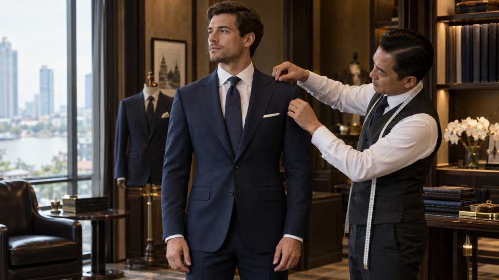 Tailor checking jacket collar and shoulder balance during a final suit fitting
